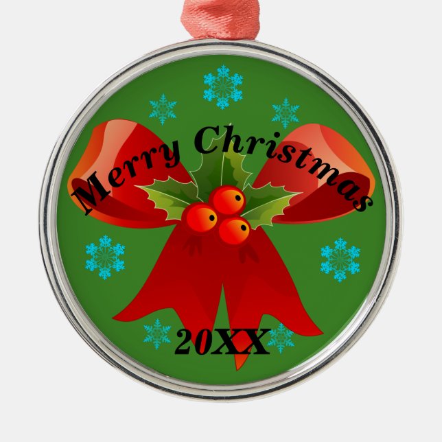 Ornamento De Metal Merry Christmas Ribbon Gift Keepsasaokê (Redondo) (Frente)