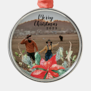 Ornamento De Metal Meta Foto de Férias de Natal em Verde e Vermelho F