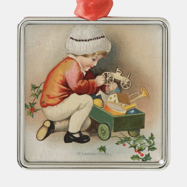 Ornamento De Metal Meu Natal WishKid observando brinquedos (Frente)