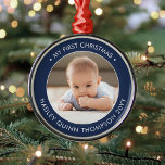 Ornamento De Metal Meu Primeiro Marinho de Foto Moderno de Natal e Br<br><div class="desc">Celebre as alegrias simples do seu mais novo membro da família com um marinho personalizado, azul e branco, novo bebê bebezinho, ornamento de metal redondo. Palavras e imagens neste modelo são simples de personalizar. A citação de "Meu Primeiro Natal" é fácil de mudar caso seja necessária para outra ocasião. (DICAS...</div>