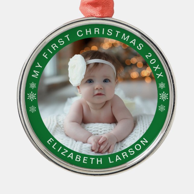 Ornamento De Metal Meu Primeiro Natal Personalizado Foto Bebê Vermelh (Frente)