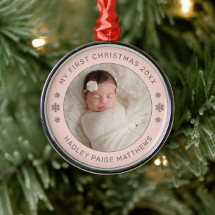 Ornamento De Metal Meu Primeiro Natal Rosa Personalizado Foto do Bebê