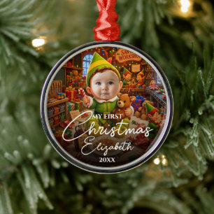 Ornamento De Metal Meu Primeiro Natal Santas Pequeno Ajuda Foto