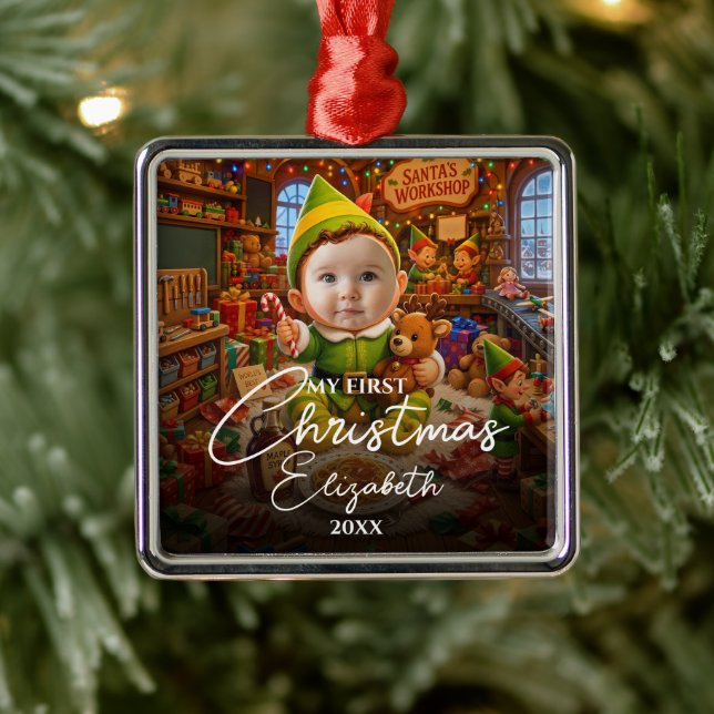 Ornamento De Metal Meu Primeiro Natal Santas Pequeno Ajuda Foto (Árvore)