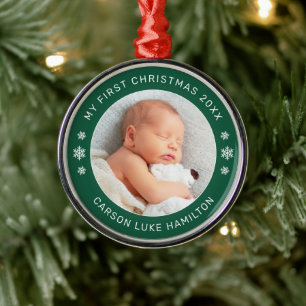 Ornamento De Metal Meu Primeiro Natal Verde Foto Personalizada do Beb