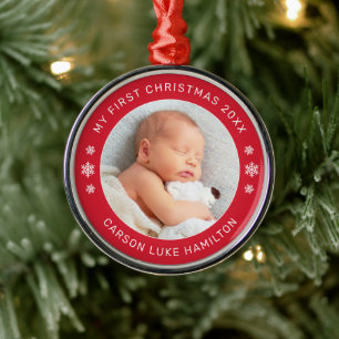 Ornamento De Metal Meu Primeiro Natal Vermelho Personalizado Foto do