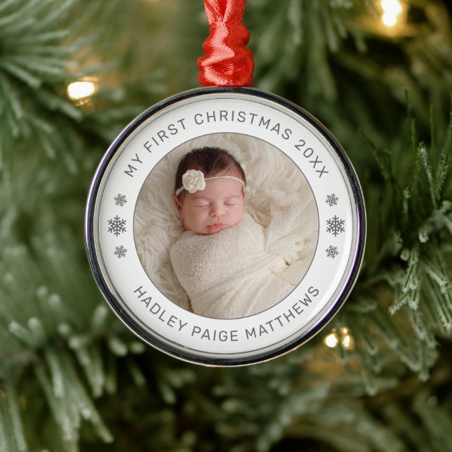 Ornamento De Metal Meu Primeiro Natal White Personalised Baby Photo (Árvore)