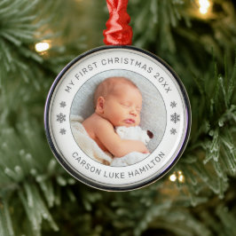 Ornamento De Metal Meu Primeiro Natal White Personalised Baby Photo