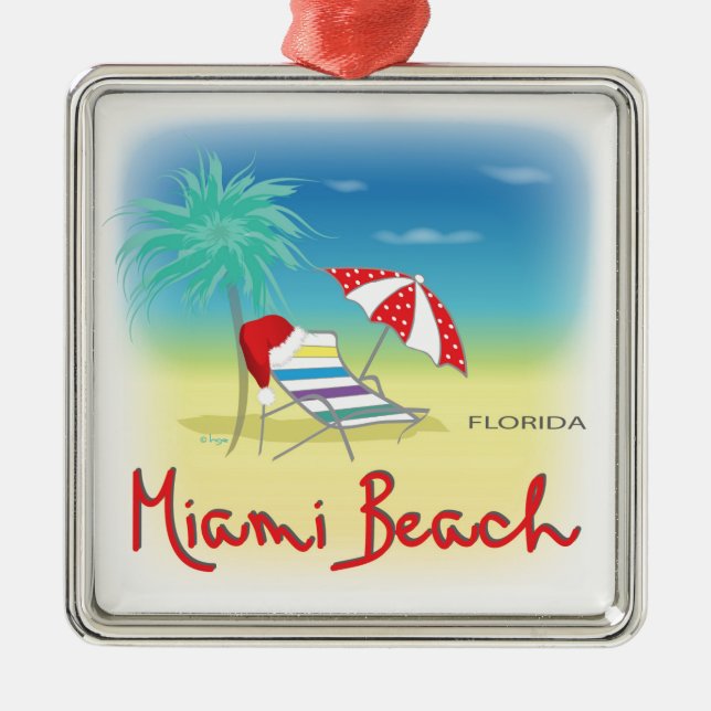 Ornamento De Metal Miami Beach com Santa Hat, Palms (Frente)