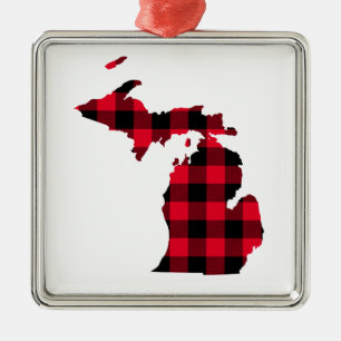 Ornamento De Metal Michigan na Xadrez Red and Black Buffalo
