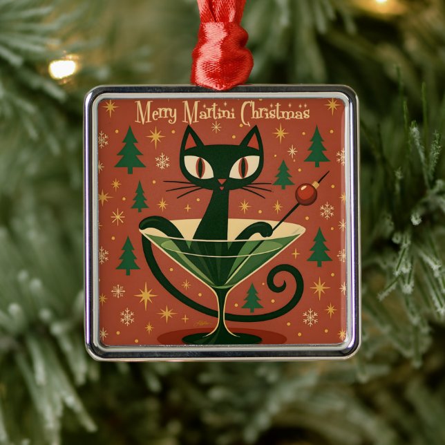 Ornamento De Metal Mid Century Black Cat Merry Martini Christmas (Árvore)