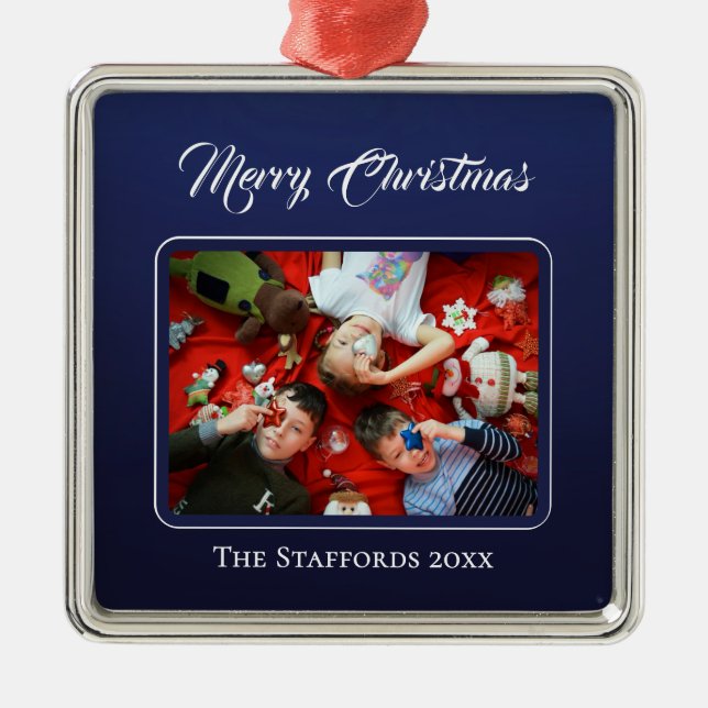 Ornamento De Metal Midnight Blue Merry Christmas Photo Ornament (Frente)