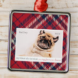 Ornamento De Metal Minha primeira foto de Natal para a Xadrez domésti<br><div class="desc">Este design simples e clássico é composto por tipografia serif e adiciona uma foto personalizada de animal de estimação. "Meu Primeiro Natal em minha casa eterna" adoraria o design.</div>
