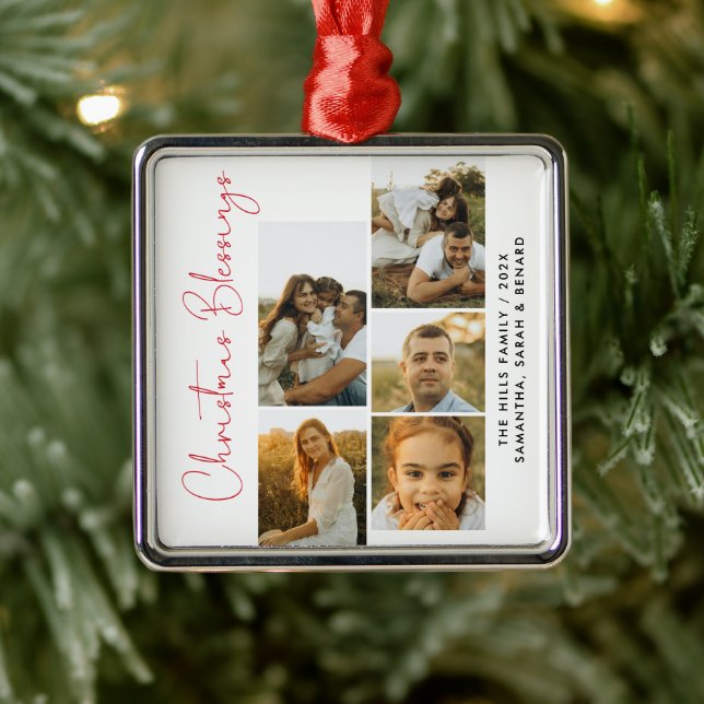 Ornamento De Metal Minimal Christmas Blessings Script Family 5 Photos (Árvore)