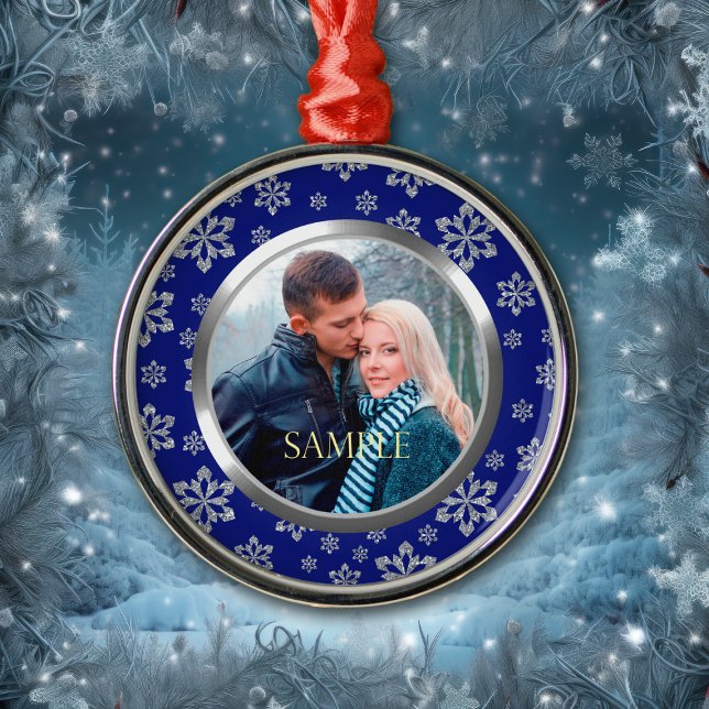 Ornamento De Metal Modelo do Floco de Neve de Prata Azul (Criador carregado)