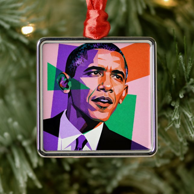 Ornamento De Metal Modern Geometric Portrait of Barack Obama (Árvore)