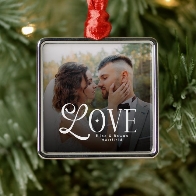 Ornamento De Metal Modern Love Custom Wedding Photo Couples Monogram (Árvore)