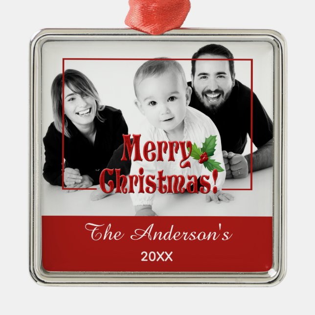 Ornamento De Metal Modern Merry Christmas and Holly Custom Photo Red (Frente)