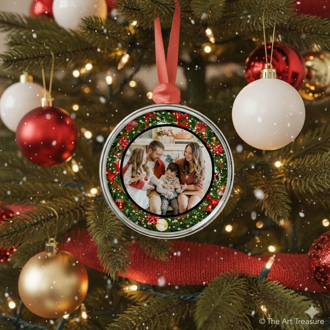 Ornamento De Metal Modern Minimalist Merry Christmas Family Photo (Criador carregado)