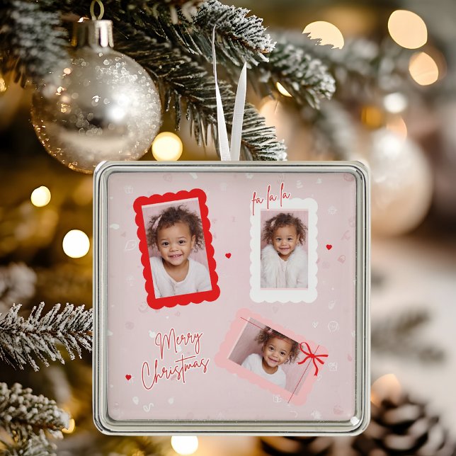 Ornamento De Metal Modern Pink “Fa La La” Multi Photo Christmas (Criador carregado)
