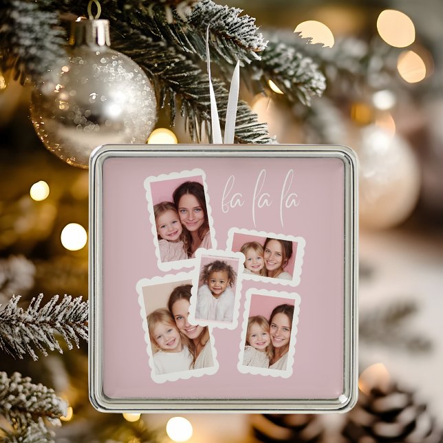 Ornamento De Metal Modern Pink “Fa La La” Multi Photo Christmas (Criador carregado)