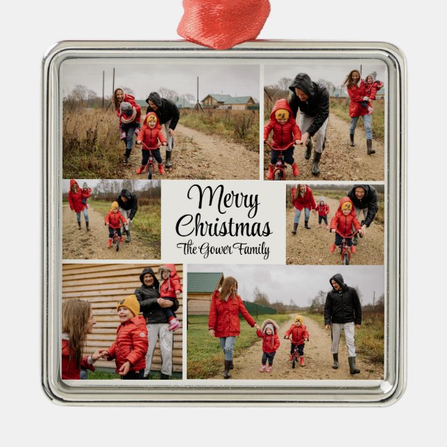 Ornamento De Metal Modern Simple Merry Christmas Photo Collage (Frente)