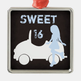 Ornamento De Metal Modern Sweet 16 Silhouette Girl and Car
