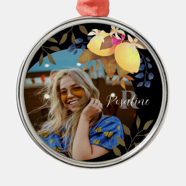 Ornamento De Metal Mola Preta de Monograma Chic Lemon (Frente)