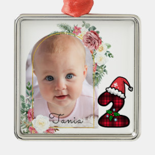 Ornamento De Metal Moldura floral para foto de Natal do 2º ano de beb