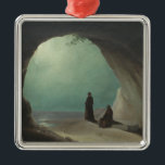 Ornamento De Metal Monges em Grotto (por Carl Blechen)<br><div class="desc">Esta design apresenta uma pintura do artista alemão Carl Blechen (1798-1840), que era membro do movimento romântico. Mostra dois monges em uma caverna ao lado de uma praia. O sol brilhante está descendo no céu fora da praia. Um dos monges está de pé e o outro monge está sentado em...</div>