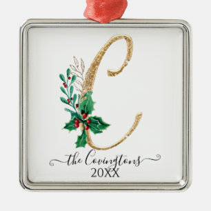 Ornamento De Metal Monograma C Holly Christmas Dourada Glitter Family