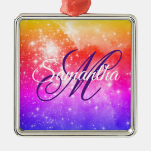 Ornamento De Metal Monograma Celestial Ombre Rosa Coral e Roxo