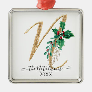 Ornamento De Metal Monograma de Folhagem Dourada de Natal Holly N