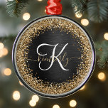 Ornamento De Metal Monograma Dourado de brilho preto com brilho perso<br><div class="desc">Personalize facilmente esse design elegante de ornamento,  modesto,  com brilho bonito de ouro brilhante em um fundo metálico escovado preto.</div>