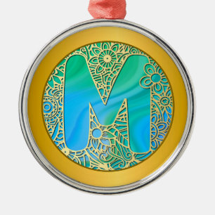 Ornamento De Metal Monograma Inicial M Natal - Dourado , Azul Teal &