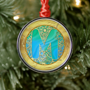 Ornamento De Metal Monograma Inicial M Natal - Dourado, Turquesa & Az