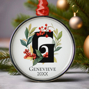 Ornamento De Metal Monograma - Letra Inicial G Berry Wreath Natal