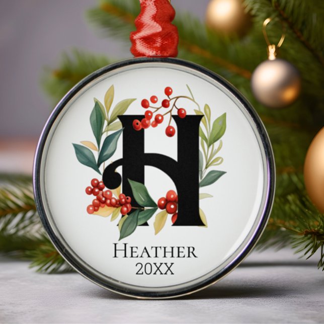 Ornamento De Metal Monograma - Letra Inicial H Berry Wreath Natal (Criador carregado)