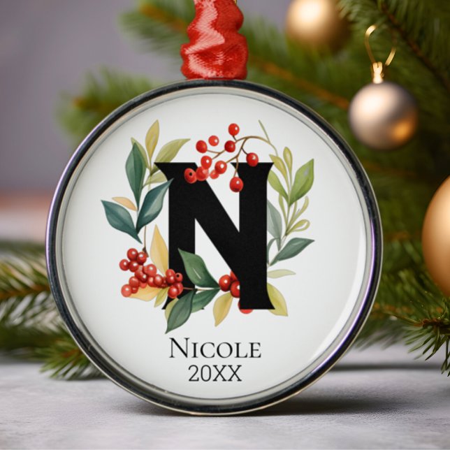 Ornamento De Metal Monograma - Letra Inicial N Berry Wreath Natal (Criador carregado)