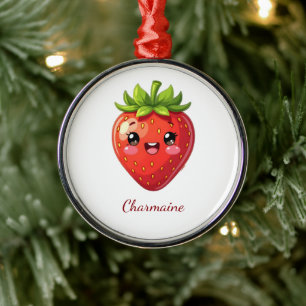 Ornamento De Metal Monograma morango kawaii fofo