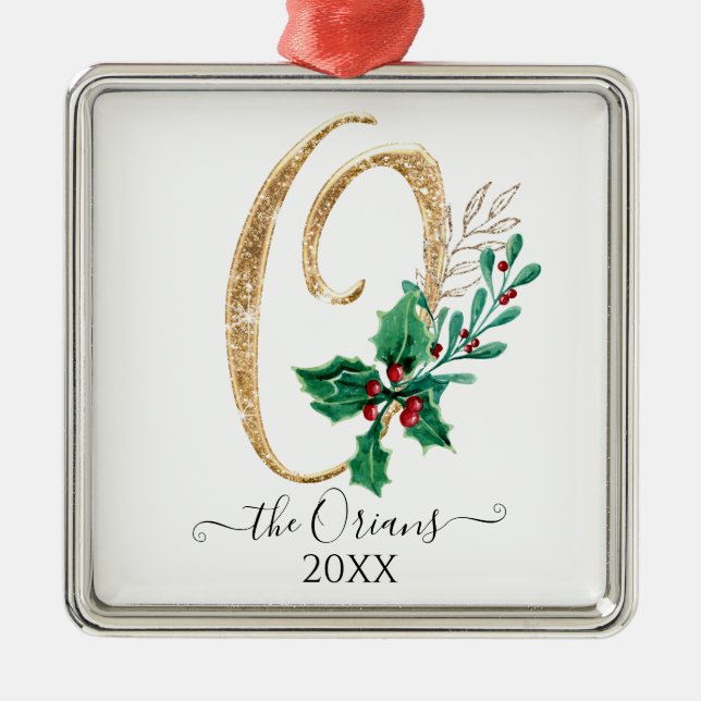 Ornamento De Metal Monograma O Dourada Folhagem de Natal Holly (Frente)