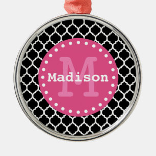 Ornamento De Metal Monograma preto branco-rosa de lete marroquina