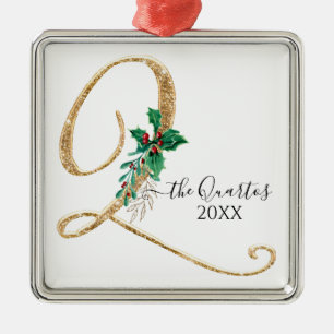 Ornamento De Metal Monograma Q Folhagem Dourada de Holly de Natal com