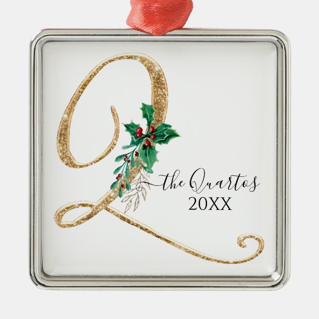 Ornamento De Metal Monograma Q Folhagem Dourada de Holly de Natal com (Frente)