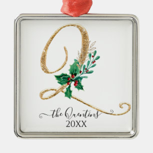 Ornamento De Metal Monograma Q Folhagem Dourada Holly com brilho de N