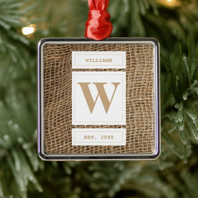 Ornamento De Metal Monograma Russo Burlap Inicial (Árvore)