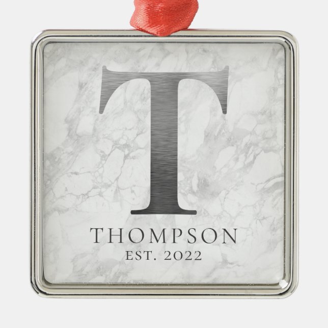 Ornamento De Metal Monograma T Marble de Prata Metálica Bruta (Frente)
