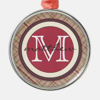Ornamento De Metal Monograma vermelho personalizado da xadrez