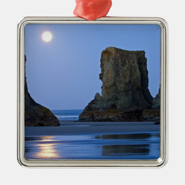 Ornamento De Metal Moonset, Bandon Beach, Oregon. (Frente)