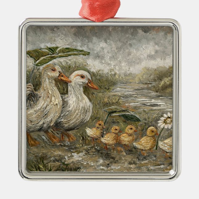 Ornamento De Metal Morning Commute Whimsical Farmhouse Duck Rainy Day (Frente)
